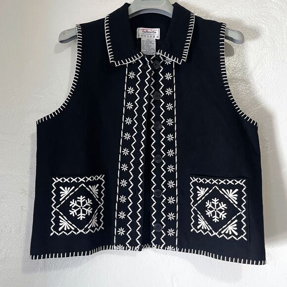 TALBOTS VTG Florals Snowflake Embroidered Wool Vest in Black White Size PS - Picture 4 of 13